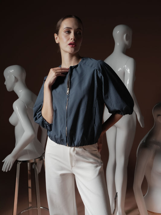 Mago Stripe Puff Sleeve Zip Top