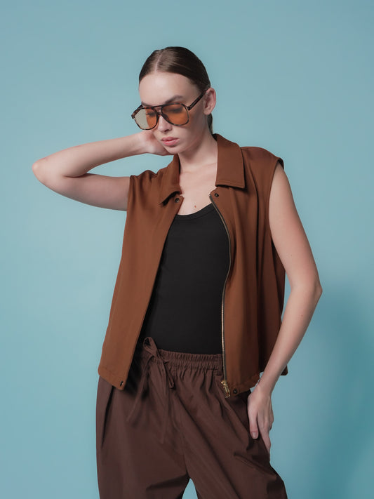 Cristel Sleeveless Collared Zipped Vest