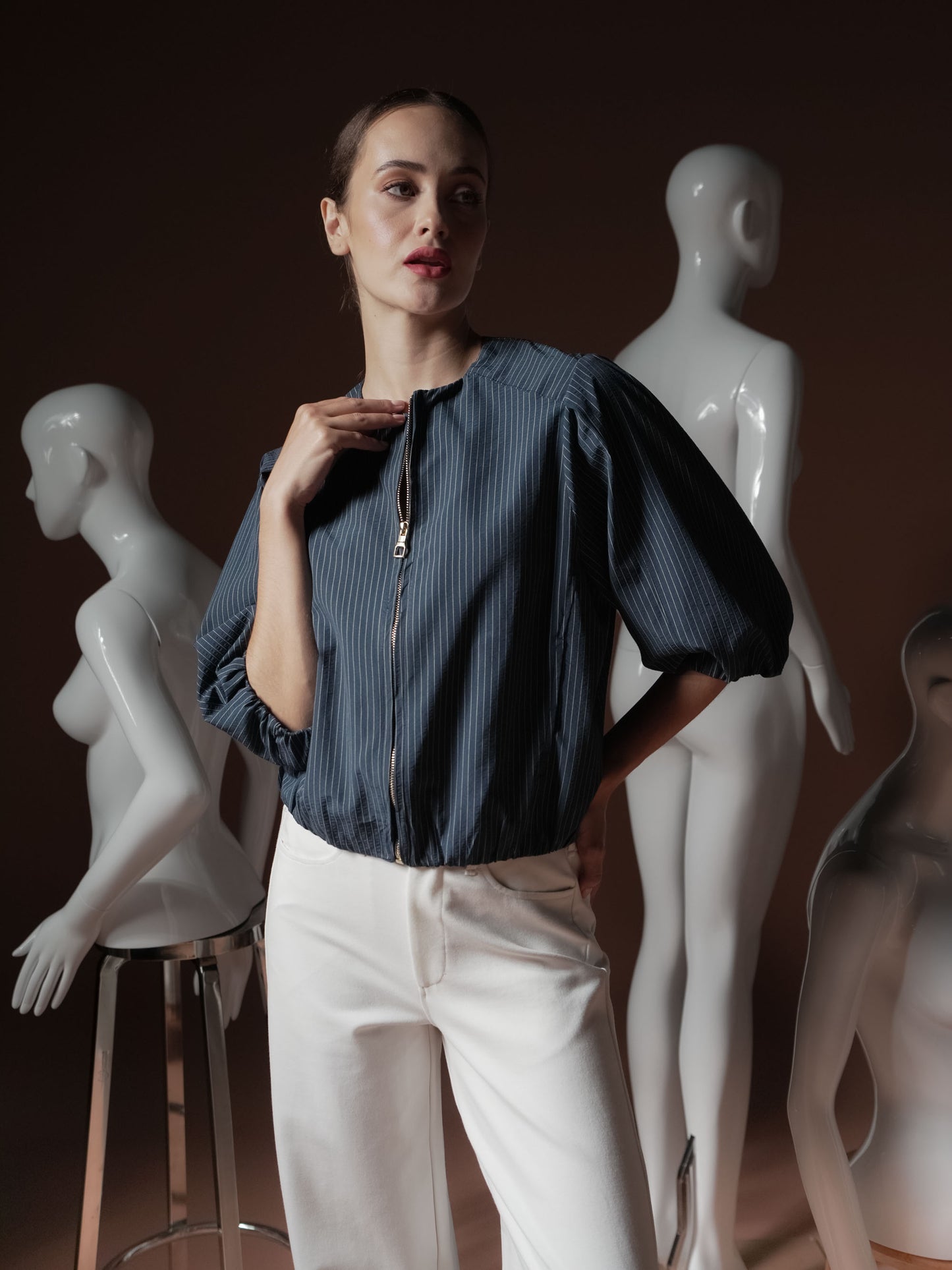 Mago Stripe Puff Sleeve Zip Top
